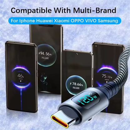 6A 120W USBA to Type C Super Fast Charge Cable Nylon Data Cord for Xiaomi POCO Samsung with Led Digital Display Cable